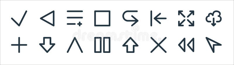 User interface line icons. linear set. quality vector line set such as back, cross, pause, plus, fullscreen, add list, go back royalty free illustration