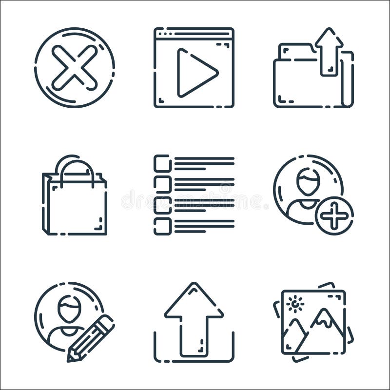 User interface line icons. linear set. quality vector line set such as gallery, upload, profile, accounts, checklist, shopping bag, folder, video player