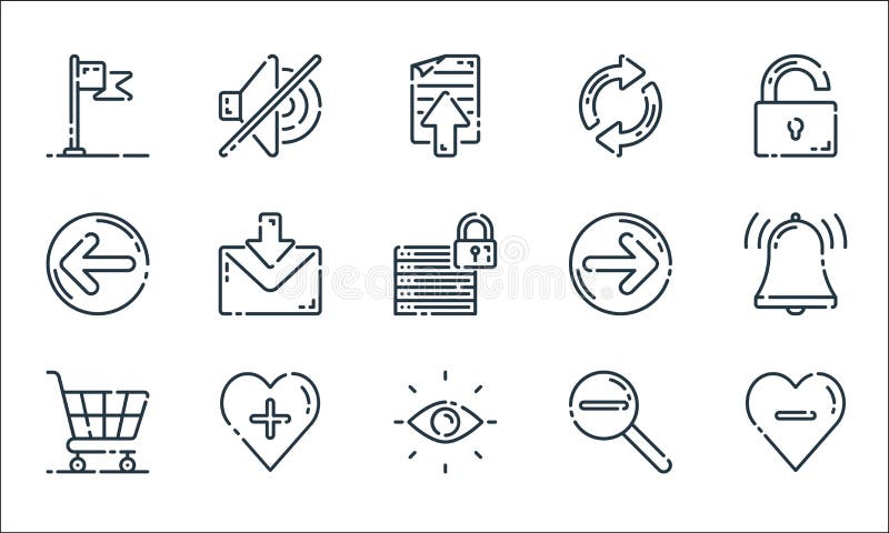User interface line icons. linear set. quality vector line set such as heart, vision, cart, zoom out, favorite, previous, next vector illustration