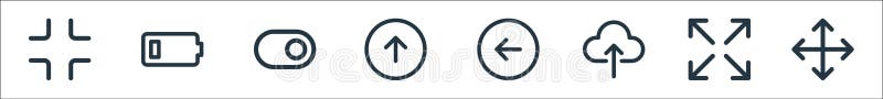 User interface line icons. linear set. quality vector line set such as move, maximize, upload, left, up arrow, toggle, low battery vector illustration