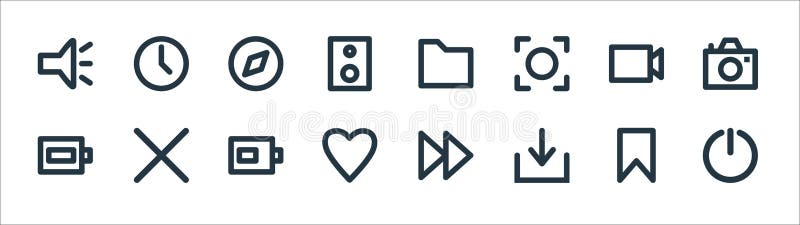User interface line icons. linear set. quality vector line set such as power on, download, favorite, full battery, camcorder stock illustration
