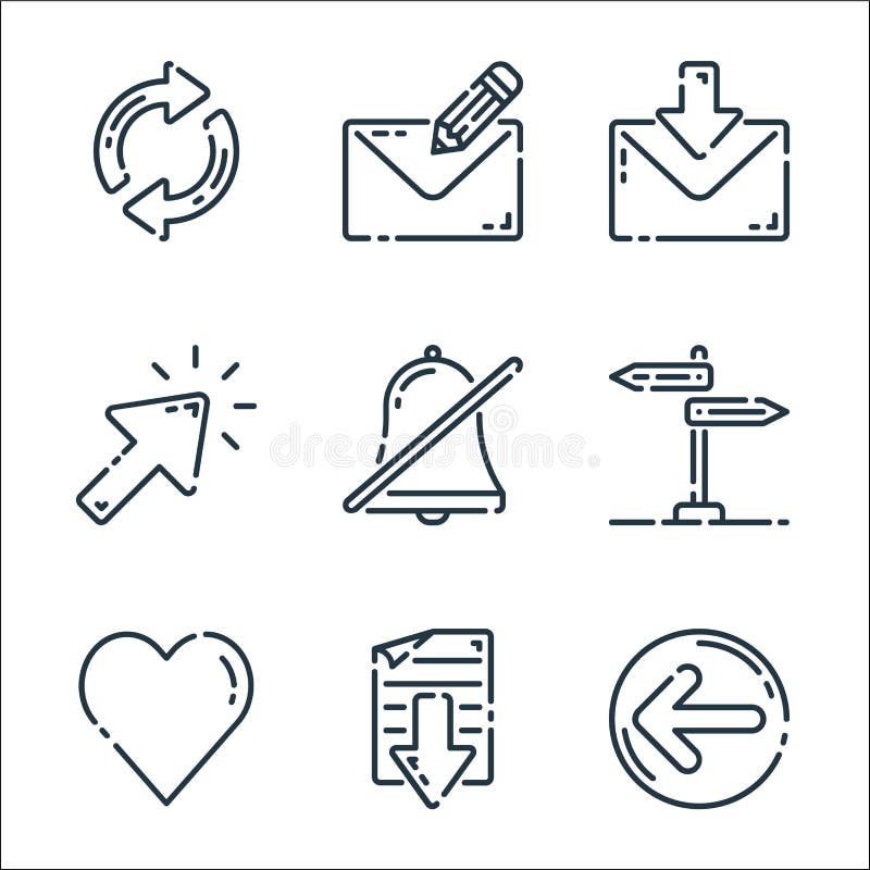 User interface line icons. linear set. quality vector line set such as previous, document, heart, direction, mute, cursor, email vector illustration