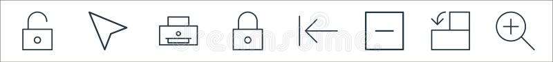 User interface line icons. linear set. quality vector line set such as zoom in, rotate left, uced, reverse arrow, padlock, printer machine, computer mouse