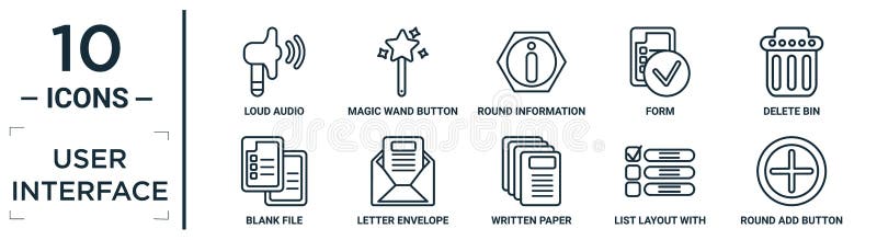 User. interface linear icon set. includes thin line loud audio, round information button, delete bin, letter envelope, list layout royalty free illustration