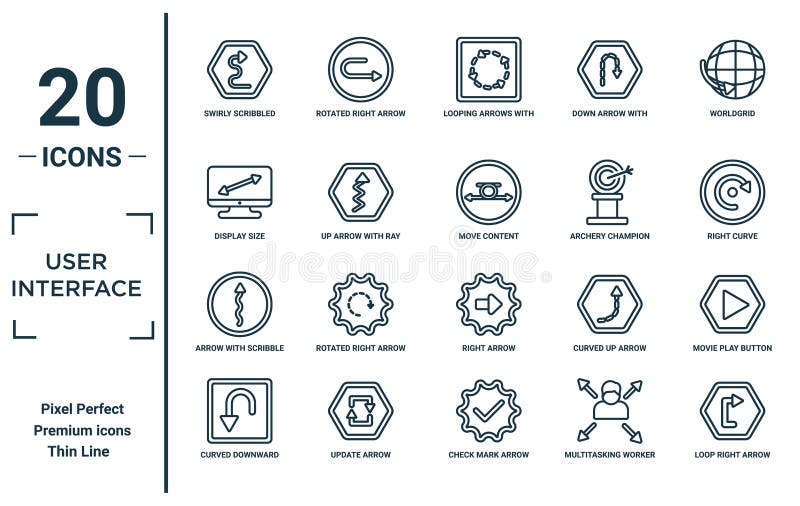 User. interface linear icon set. includes thin line swirly scribbled arrow, display size, arrow with scribble, curved downward vector illustration