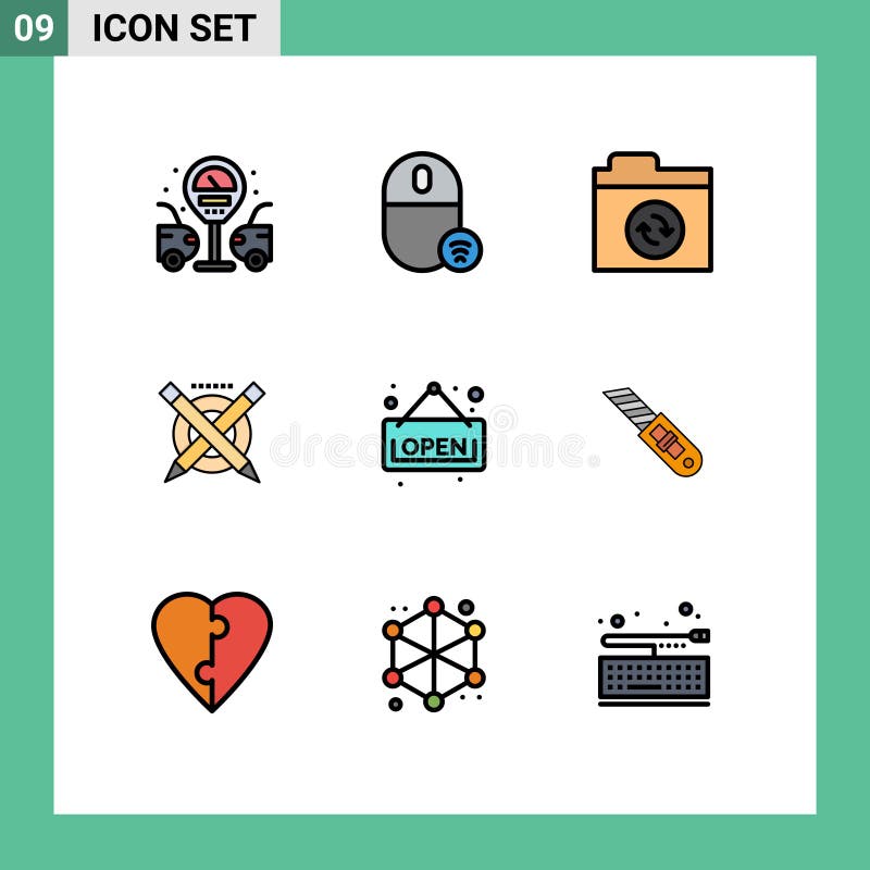 User Interface Pack of 9 Basic Filledline Flat Colors of shop, open, files, line, education royalty free illustration