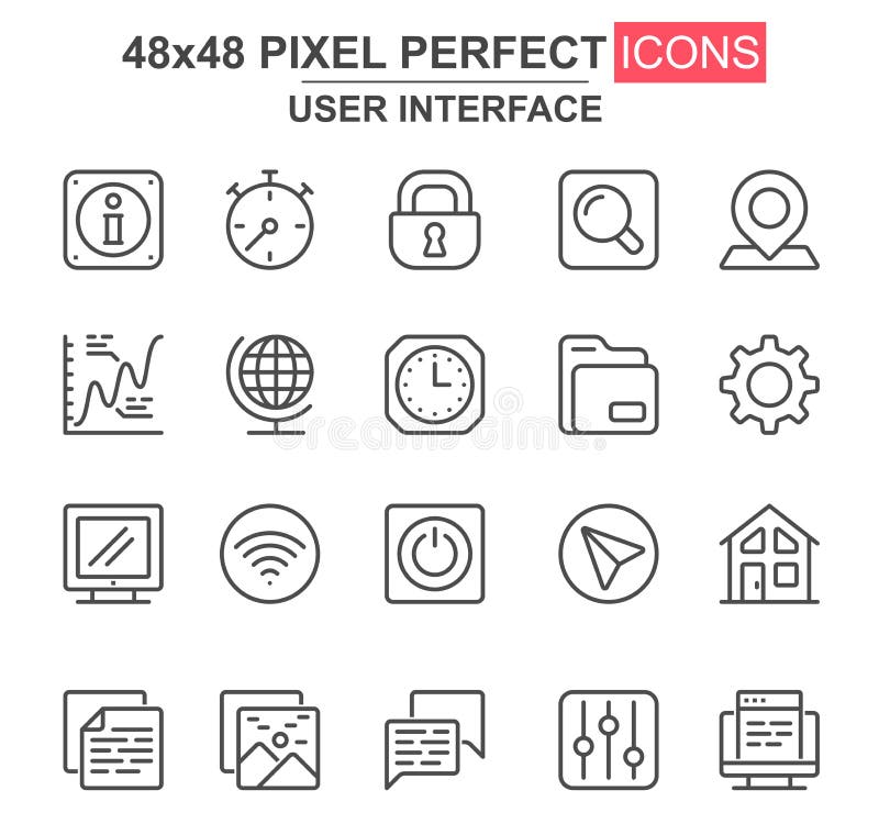 User interface thin line icon set. Pinpointer, lock, gear, email, magnifier, chart, clock, wifi, search unique icons vector illustration