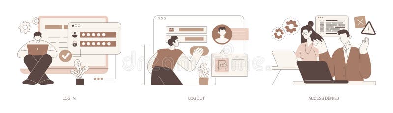 User profile access isolated cartoon vector illustrations set. Log in on computer, log out button on the screen, sign out of account, access denied notification, wrong password vector cartoon. Online account log vectors
