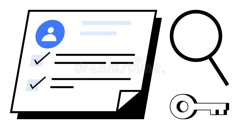 User profile checklist document with checkmarks, magnifying glass, and key, representing identity verification, data security, privacy, access control. Ideal for HR, authentication GDPR consent. User consent vectors