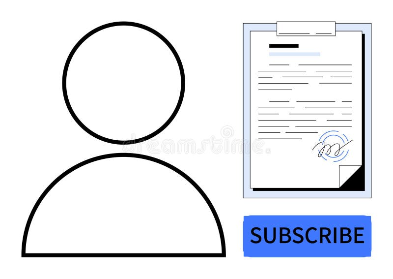 User outline beside signed document and blue subscribe button. Ideal for subscription, user onboarding, agreements, contracts, membership, profiles, consent. Simple flat metaphor. User consent vectors