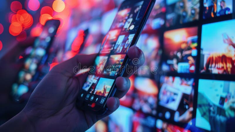 Users interact with vibrant smartphone screens displaying engaging stories and short videos, creating a lively nightlife royalty free stock image