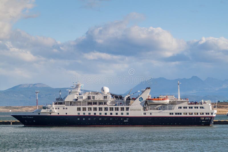 USHUAIA, ARGENTINA - MARCH 8, 2015: Silversea Expeditions ship in a port of Ushuaia, Tierra del Fuego island, Argenti