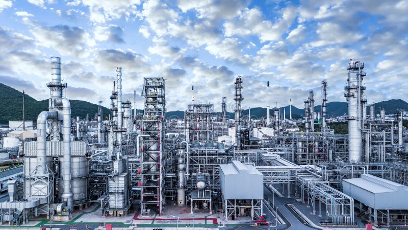 Usine en acier industrielle pétrochimique des raffineries de pétrole de réservoir et de pipeline de stockage d'huile végétale des images stock