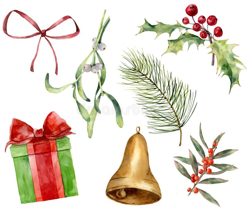 Usine et décor de Noël d'aquarelle Gui peint à la main, houx, cadeau avec l'arc, arc rouge, cloche d'or, arbre de Noël illustration libre de droits Usine et décor de Noël d'aquarelle Gui peint à la main, houx, cadeau avec l'arc, arc rouge, cloche d'or, arbre de Noël illustration libre de droits