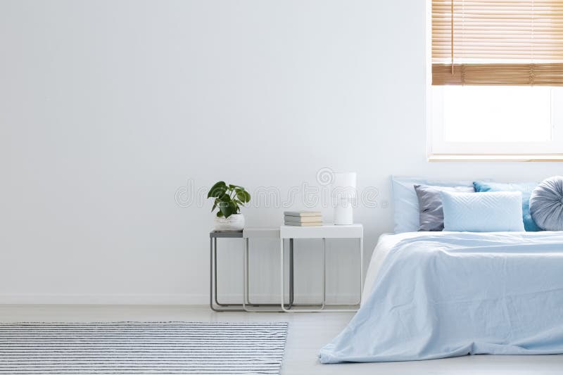 Plant and lamp on table next to blue bed in bedroom interior with copy space and window. Real photo with a place for your armchair. Plant and lamp on table next to blue bed in bedroom interior with copy space and window. Real photo with a place for your armchair