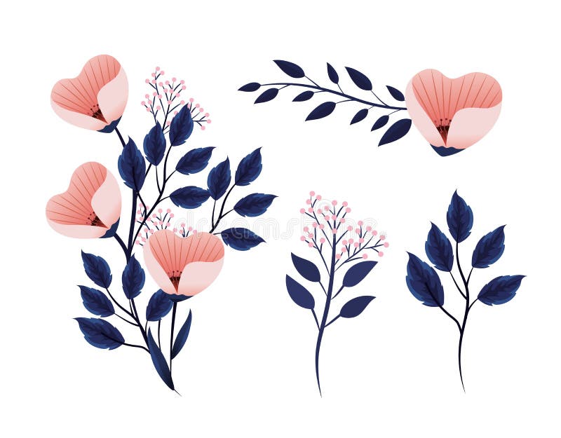 Usines exotiques réglées de fleurs avec des feuilles de branches de nature illustration stock Usines exotiques réglées de fleurs avec des feuilles de branches de nature illustration stock