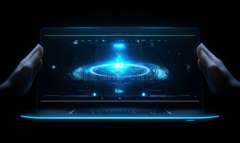 Using AI software on a laptop, a man generates images, featuring a futuristic user interface. The screen shows a visual stock image