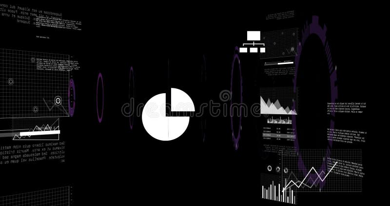 Using animation, digital interface displaying charts and graphs on black background stock illustration