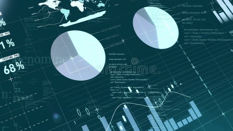 Using animation, digital interface displaying graphs, charts, and world map data vector illustration