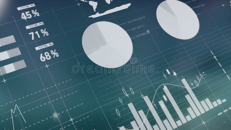 Using animation, digital interface displaying pie charts, bar graphs, and percentages stock illustration