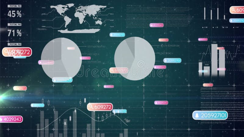 Using animation, digital interface showing pie charts, graphs, and world map royalty free illustration