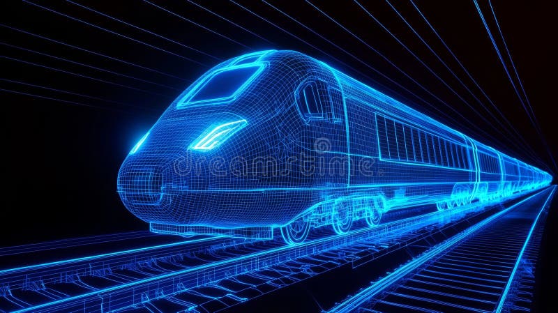 Using blue and purple colors, the image represents a modern, high-speed train with a digital wireframe made up of stock images