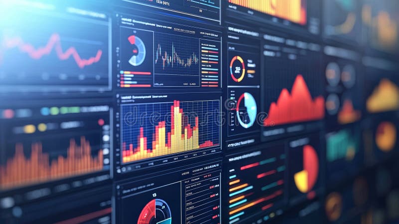 Using a red and black color scheme, this abstract financial data visualization shows financial data. stock photography