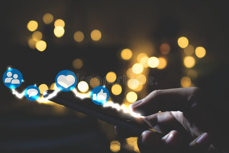 Using Smart Phone on Night. Social Media Concept Stock Photo Image of