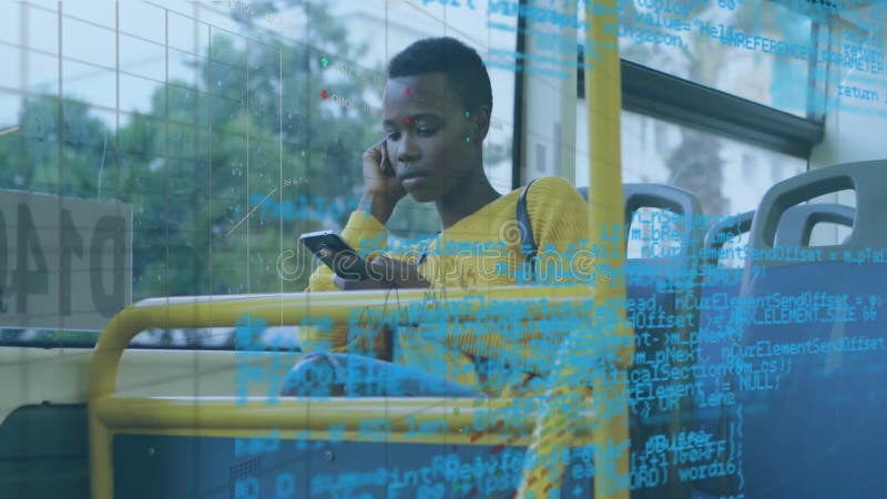 Using smartphone on bus, child in yellow sweater viewing animation data stock video