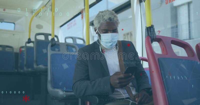 Using smartphone on bus, man with mask and headphones viewing animation data stock video