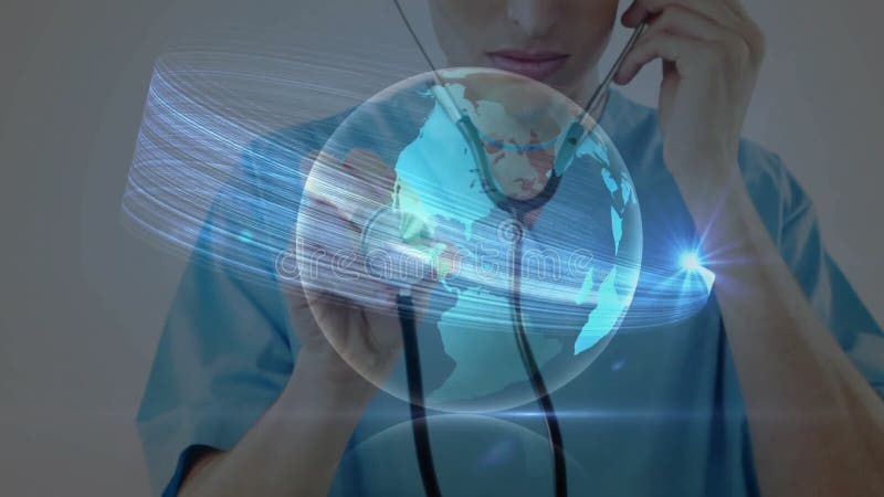 Using stethoscope, healthcare professional analyzing digital globe with animation data streams stock footage