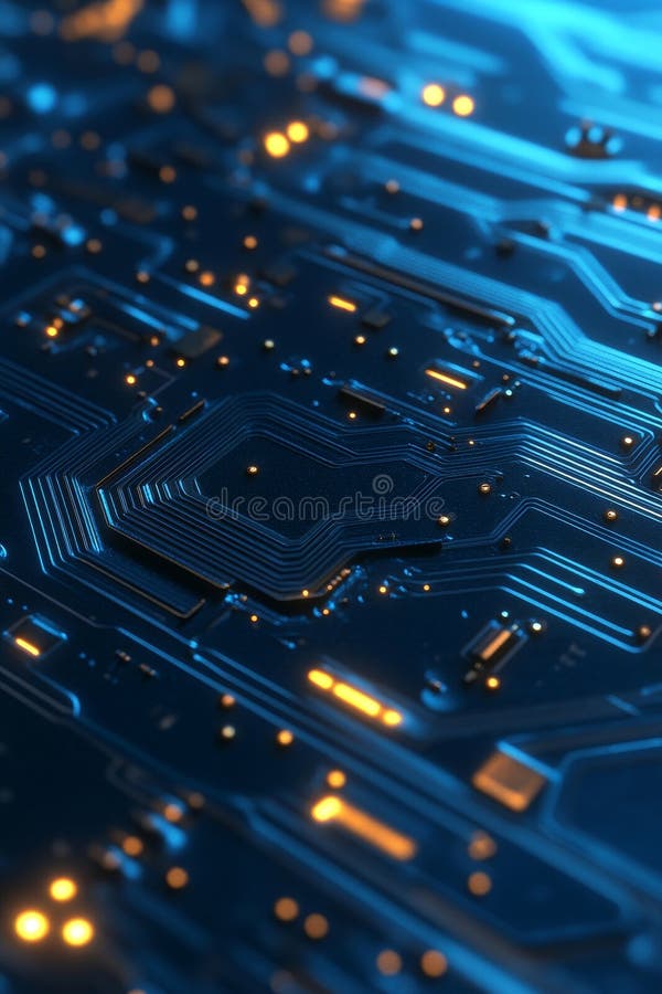 Using Stock technology, an image of a computer circuit board and blue light trails is created on a dark background vector illustration