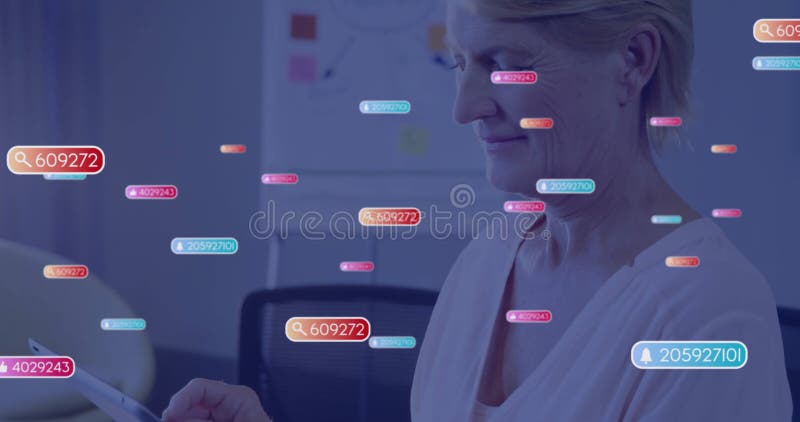 Using tablet, woman in office with floating colorful animation data tags stock illustration