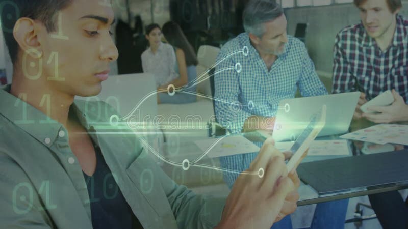 Using tablets and laptops, professionals working with digital animation data overlay vector illustration
