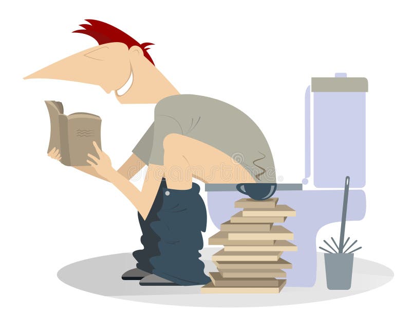 Boy Sitting on the Toilet and Reading a Book Stock Image Image of