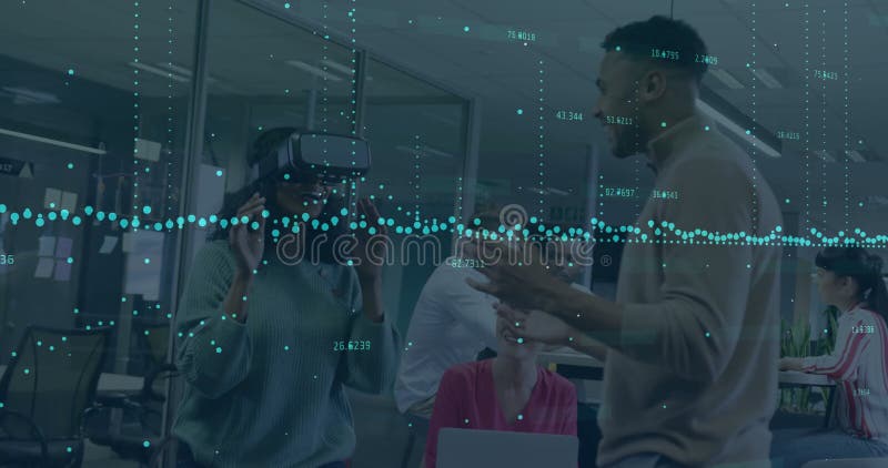 Using virtual reality headset, people in office viewing animation data visualization vector illustration