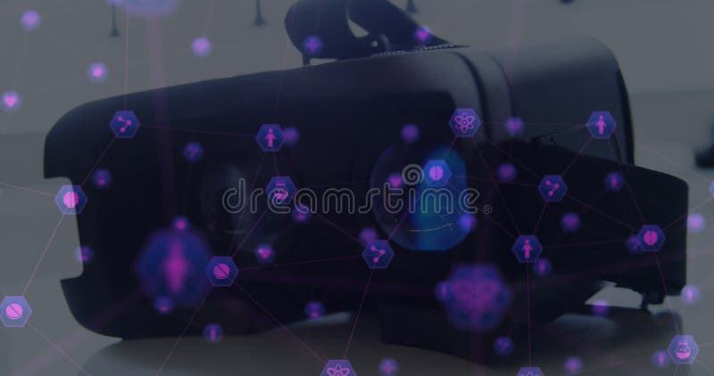 Using virtual reality headset, person exploring digital interface icons, showcasing innovation vector illustration