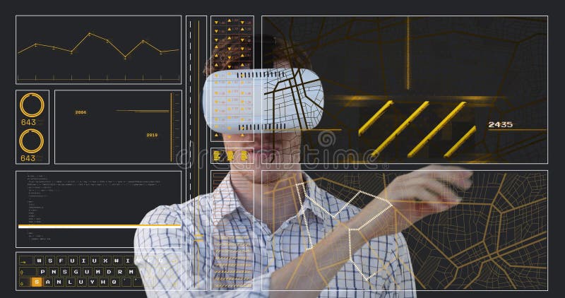 Using virtual reality headset, person interacting with animation data in school stock footage
