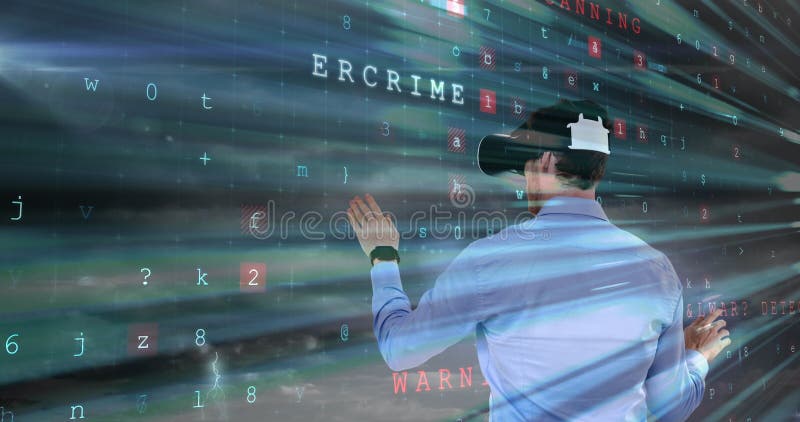 Using virtual reality headset, person interacting with cybercrime data and numbers stock images