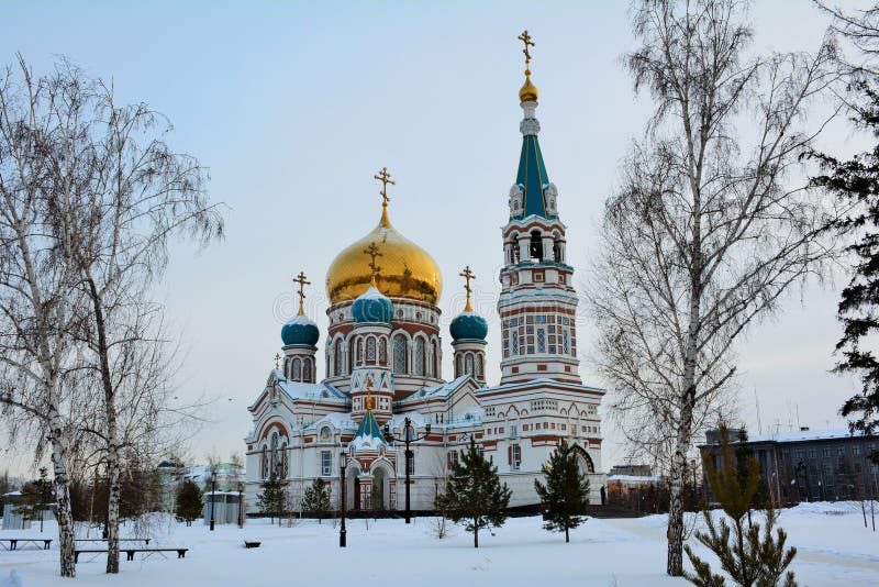 Uspensky Cathedral In Winter, Omsk, Russia Stock Photo ...
