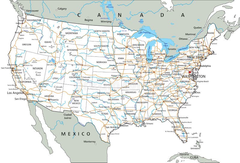 High Detailed United States of America Road Map with Labeling. Stock ...