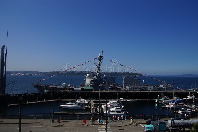 SEATTLE - AUG 4, 2016 - USS Gridley (DDG 101) guided missle destroyer, docked in Seattle for Fleet Week. SEATTLE - AUG 4, 2016 - USS Gridley (DDG 101) guided missle destroyer, docked in Seattle for Fleet Week