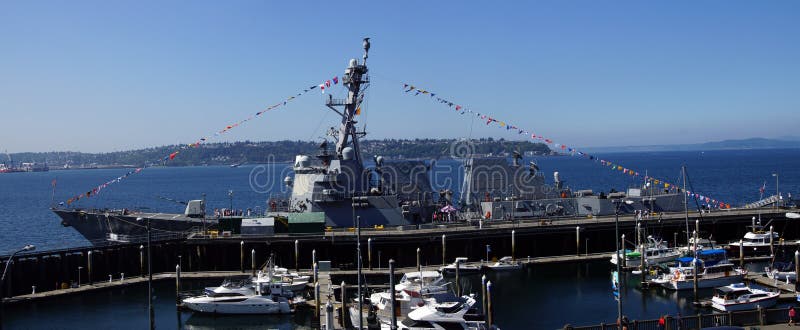 SEATTLE - AUG 4, 2016 - USS Gridley (DDG 101) guided missle destroyer, docked in Seattle for Fleet Week. SEATTLE - AUG 4, 2016 - USS Gridley (DDG 101) guided missle destroyer, docked in Seattle for Fleet Week