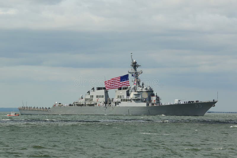 NEW YORK - MAY 20, 2015: USS Stout guided missile destroyer of the United States Navy during parade of ships at Fleet Week 2015 in New York Harbor