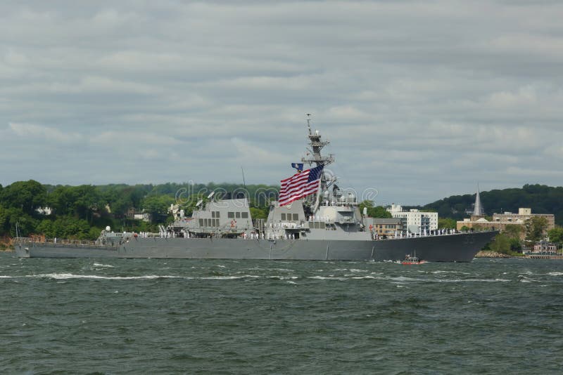 NEW YORK - MAY 20, 2015: USS Stout guided missile destroyer of the United States Navy during parade of ships at Fleet Week 2015 in New York Harbor