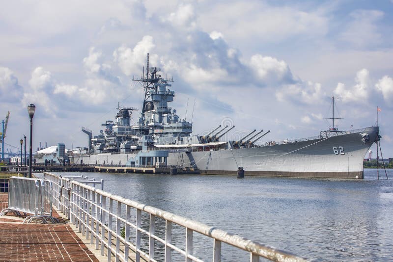 The USS New Jersey BB-62 Battleship is retired at the Ulysses Wiggins Waterfront park in Camden, NJ and tours are offered to view the World War II battleship. The USS New Jersey BB-62 Battleship is retired at the Ulysses Wiggins Waterfront park in Camden, NJ and tours are offered to view the World War II battleship