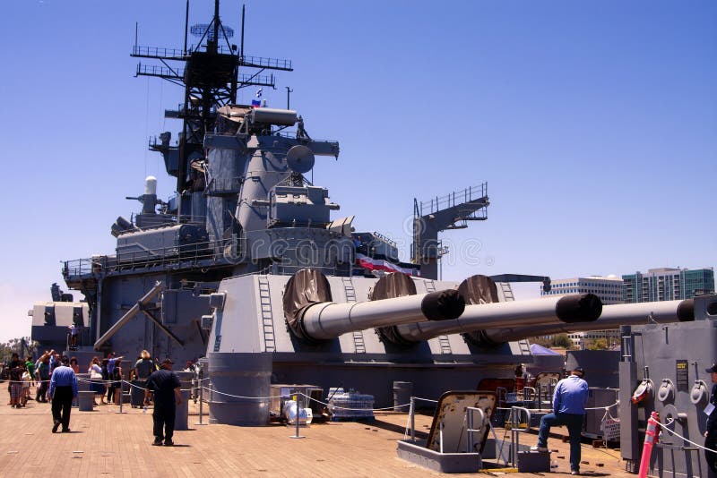 Sixteen inch guns on the stern of the USS Iowa, a historic World War Two United States battleship. The Iowa was designated World's Greatest Naval Ship and is now a naval museum berthed at San Pedro, California. Sixteen inch guns on the stern of the USS Iowa, a historic World War Two United States battleship. The Iowa was designated World's Greatest Naval Ship and is now a naval museum berthed at San Pedro, California.