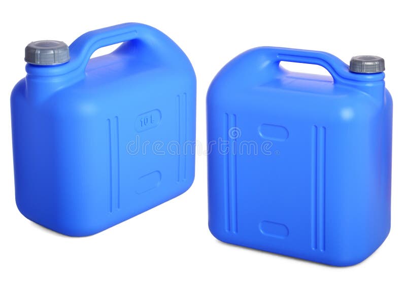 Ustalony błękitny plastikowy kanister odizolowywający na bielu obraz stock Ustalony błękitny plastikowy kanister odizolowywający na bielu obraz stock