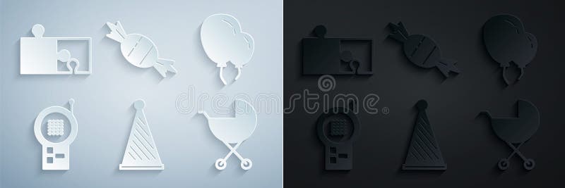 Ustaw balony kapelusza z wstążką monitor walkie talkie stroller candy i kawałek ikony układanki. wektor ilustracji