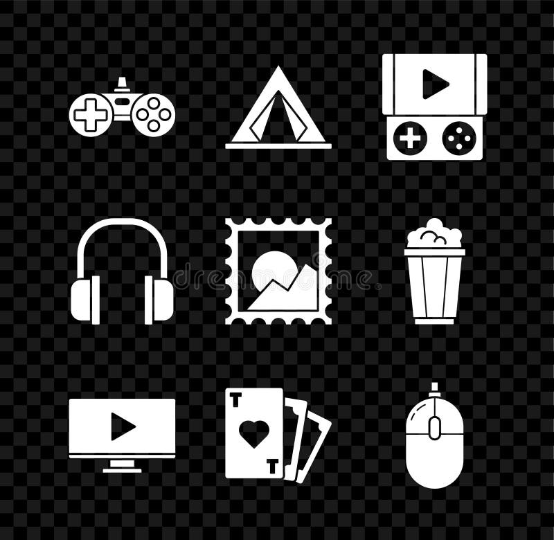 Ustaw konsolę gier dla turystów namiot gry przenośnej konsola gry online karta gry z symbolem serca komputer mysz ilustracji